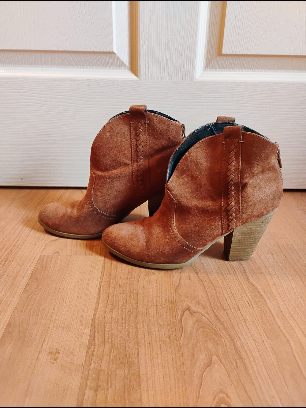 Women's Tan Suede Ankle Booties with Block Heel